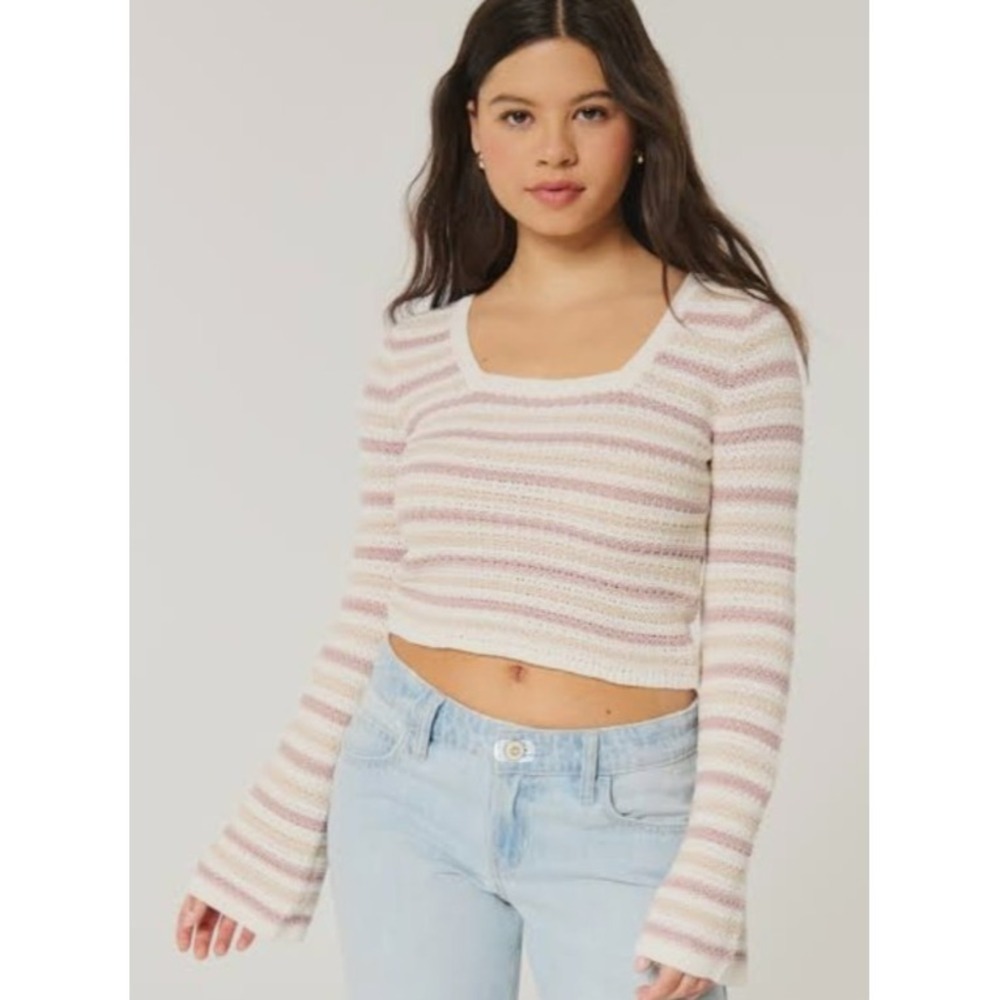 Hollister Crochet Square Neck Crop Sweater S Y2K Festival Soft Girl Indie Casual